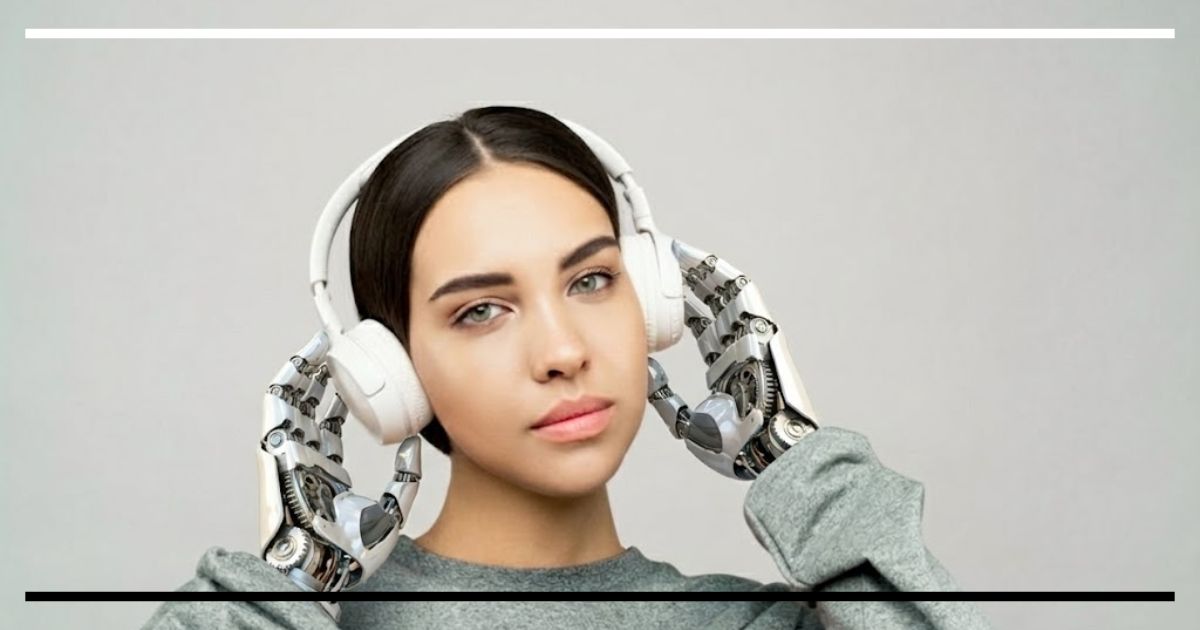 Pessoa usando fones de ouvido enquanto mãos robóticas ajustam o headset, sugerindo a fusão entre humano e inteligência artificial.