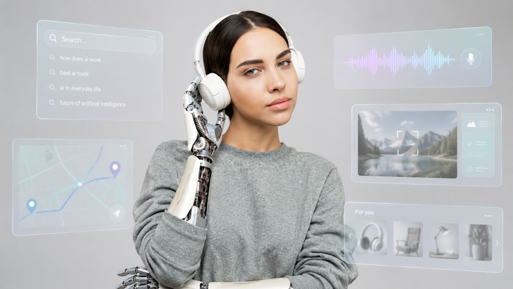 Mulher com fones de ouvido e braços robóticos cercada por interfaces que representam busca, navegação, voz, reconhecimento de imagens e recomendações.