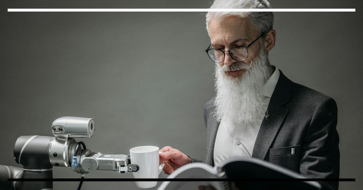 Robô servindo uma xícara de café para um homem que lê um documento, simbolizando a relação entre inteligência artificial e trabalho humano.