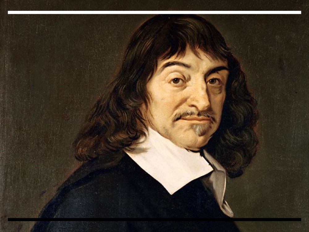 Retrato de René Descartes com roupas escuras e gola branca, olhando diretamente para o observador.