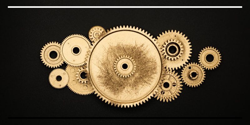 Conjunto de engrenagens douradas sobre fundo preto.