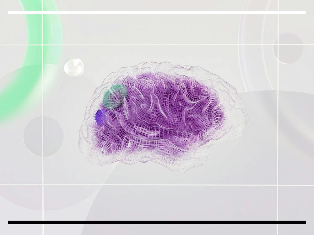 Ilustração digital de um cérebro humano em roxo, com detalhes em verde, sobre fundo claro e abstrato.