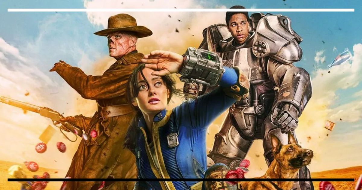 Pôster principal de Fallout. Em primeiro plano, Lucy (a habitante do Vault) veste o uniforme azul e amarelo. Atrás dela, o Ghoul (Necrótico) de chapéu de cowboy e Maximus na armadura T-60 da Irmandade de Aço. Um cão pastor alemão está na frente.