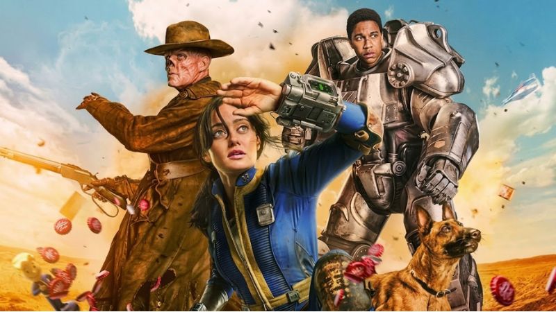 Personagens de Fallout em uma paisagem pós-apocalíptica, incluindo uma jovem de uniforme azul, um homem com armadura e um cão.