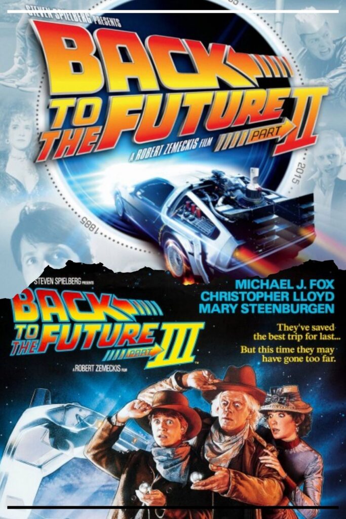 Montagem com os pôsteres oficiais de Back to the Future Part II (1989) e Part III (1990), DeLorean e logotipos em destaque.