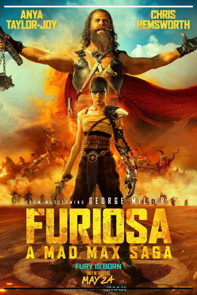 Pôster de Furiosa: A Mad Max Saga (2024): Furiosa em primeiro plano no deserto, tons alaranjados, exército e explosões ao fundo.