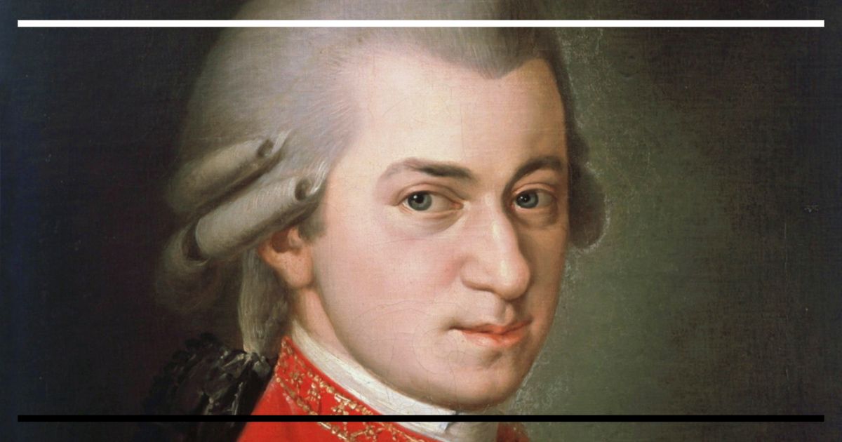 Pintura clássica de Mozart, com peruca clara e casaca vermelha, fundo escuro.