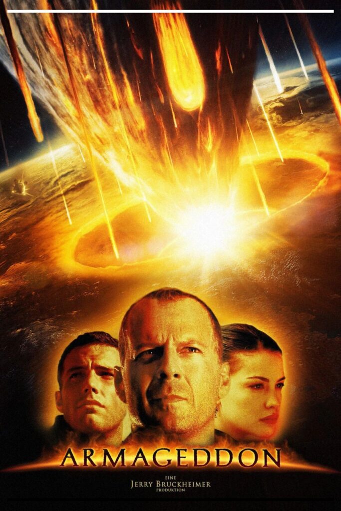 Pôster de Armageddon (1998): chuva de meteoros em tons alaranjados atingindo a Terra; na base, três rostos em close e o título “Armageddon”.
