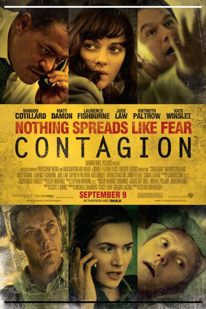 Pôster de Contágio (2011): mosaico amarelo com rostos do elenco ao telefone ou em alerta; ao centro, o texto “Nothing spreads like fear”.