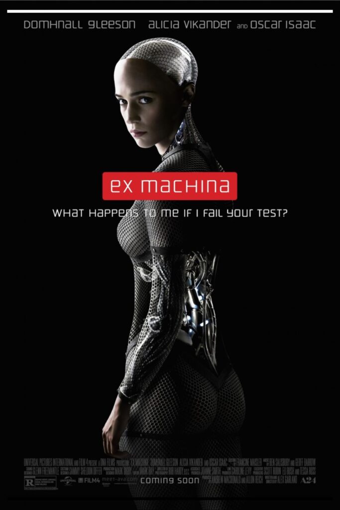 Pôster de Ex Machina (2014): androide Ava em perfil, corpo com malha metálica e fundo preto; logotipo vermelho ao centro.