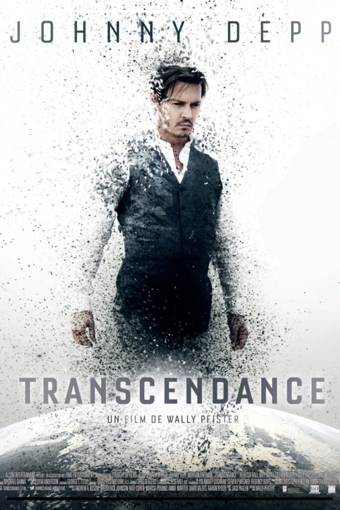 Pôster de Transcendence (2014): Johnny Depp de camisa branca e colete escuro se desfaz em partículas sobre fundo claro; na base, o arco da Terra.