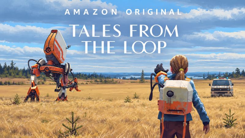 Cena inspirada em Tales from the Loop, com uma criança, uma máquina retrofuturista e uma paisagem rural.