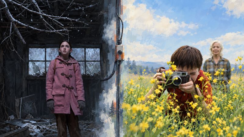 Imagem com uma garota em um ambiente escuro e um menino fotografando em um campo florido, representando os episódios Loop e Home.