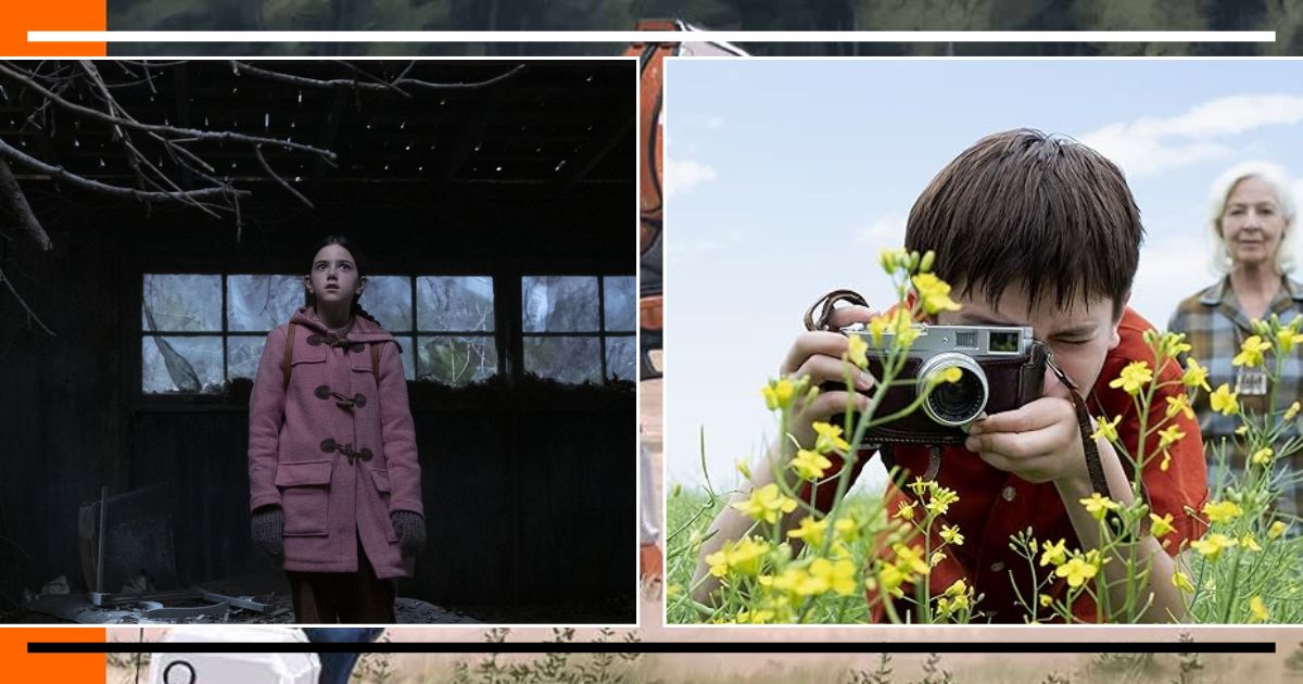 Menina de casaco rosa e mochila em galpão, olhando para cima. À direita, garoto em campo de flores amarelas com uma câmera fotográfica, e uma senhora de cabelos brancos sorrindo ao fundo.