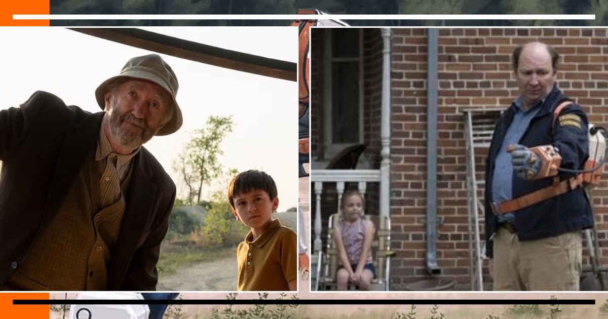 Homem mais velho com chapéu, barba e casaco xadrez sorrindo para um garoto. À direita, um homem adulto de camisa polo (Ed) com um aparato tecnológico no braço, parado na frente de uma casa, com uma menina sentada atrás dele.