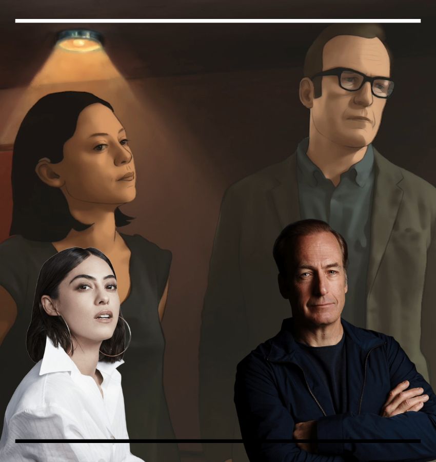 Montagem comparativa mostrando a atriz Rosa Salazar e o ator Bob Odenkirk (versão real) ao lado de seus personagens Alma e Jacob (versão rotoscópica) da série Undone, ilustrando a técnica de animação.