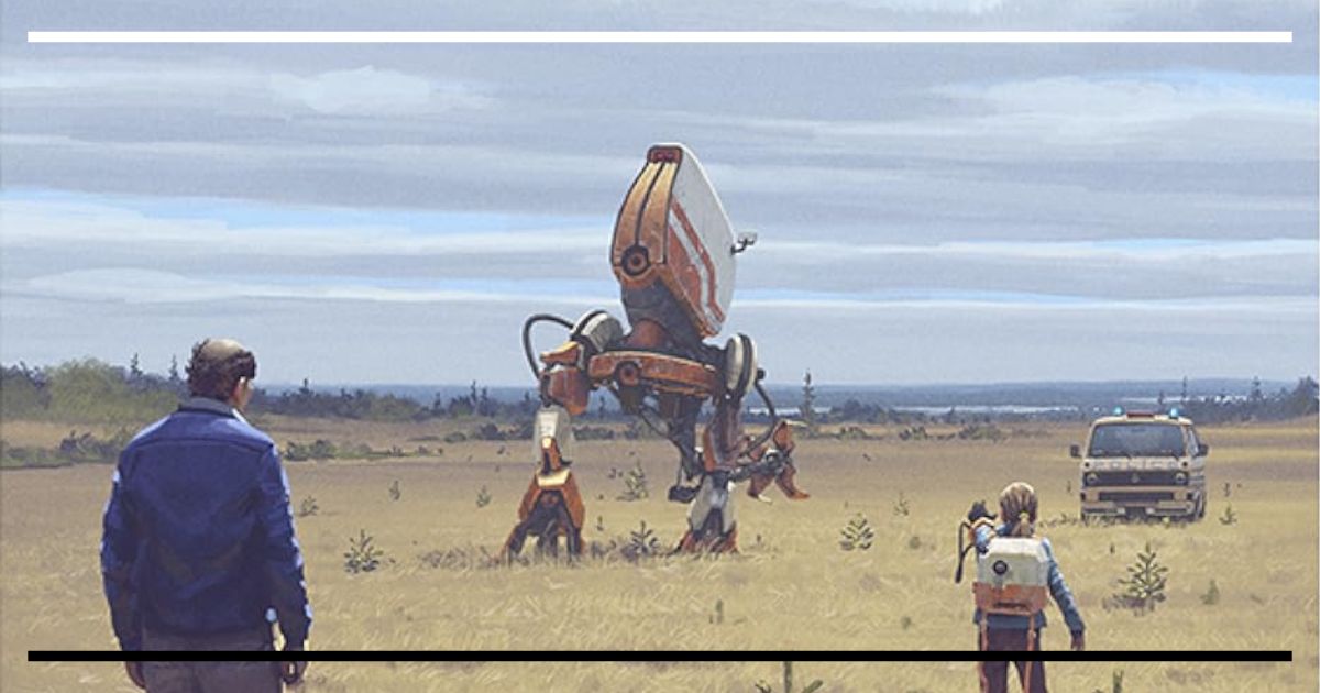 Pintura retrofuturista de Simon Stålenhag para Tales from the Loop, mostrando um homem e uma criança em um campo gramado observando um robô bipedal gigante, com uma van de serviço ao fundo sob um céu nublado.