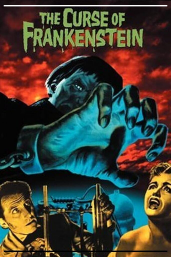 Capa de relançamento em DVD do filme The Curse of Frankenstein (1957), dirigido por Terence Fisher e produzido pela Hammer Films, com Peter Cushing e Christopher Lee em tons technicolor e atmosfera gótica.