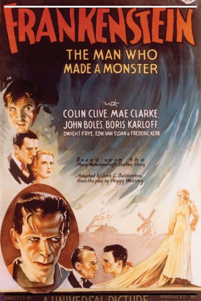 Pôster original do filme Frankenstein (1931), dirigido por James Whale e produzido pela Universal Pictures, com Boris Karloff como a criatura.