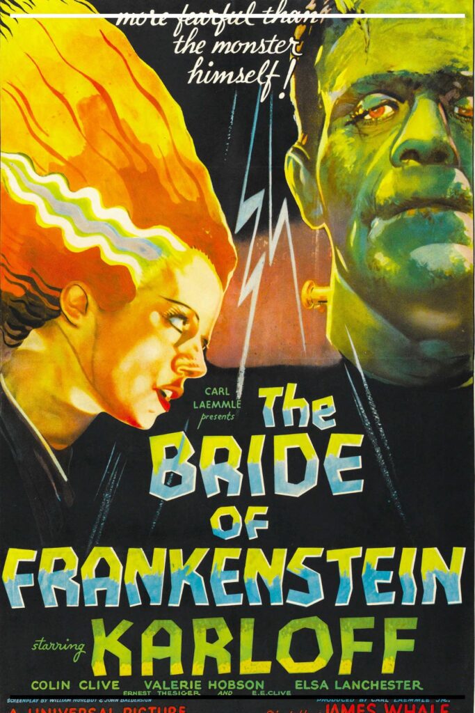 Pôster original do filme The Bride of Frankenstein (1935), dirigido por James Whale e produzido pela Universal Pictures, mostrando a Noiva e o Monstro em cores vibrantes e expressão dramática.