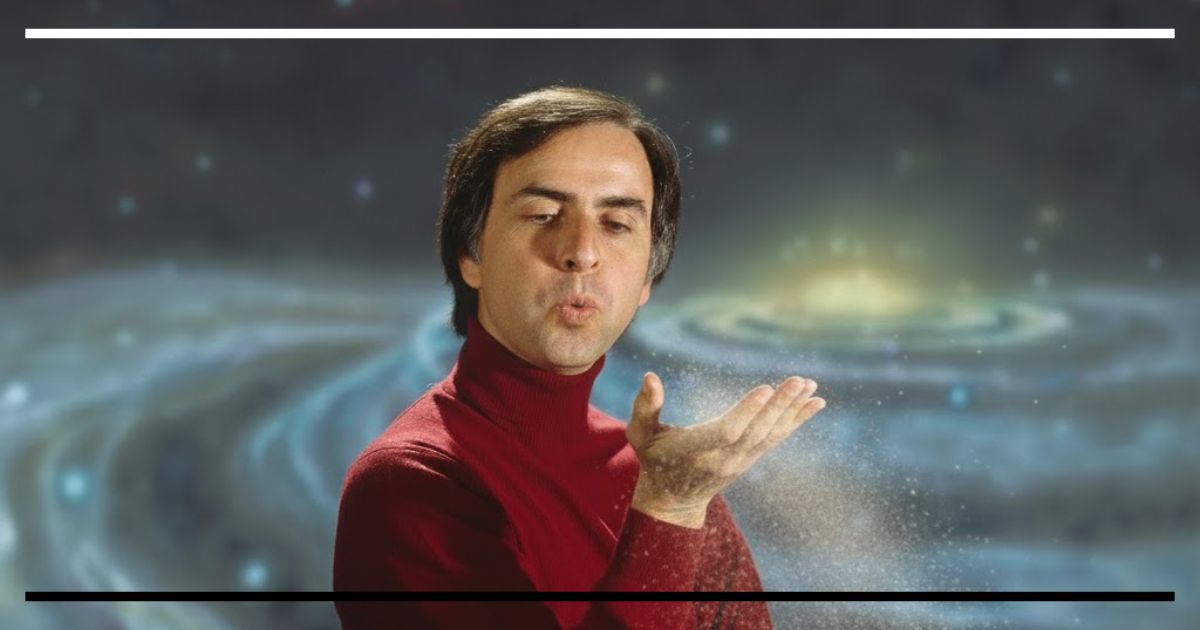 Pessoa em fundo cósmico soprando partículas brilhantes, sugerindo o conceito de “poeira estelar”.