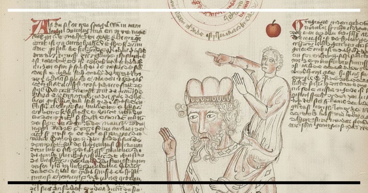 Ilustração medieval de um pensador apoiado sobre outro, simbolizando a expressão “om ombros de gigantes”, ladeada por manuscrito e uma pequena maçã desenhada.