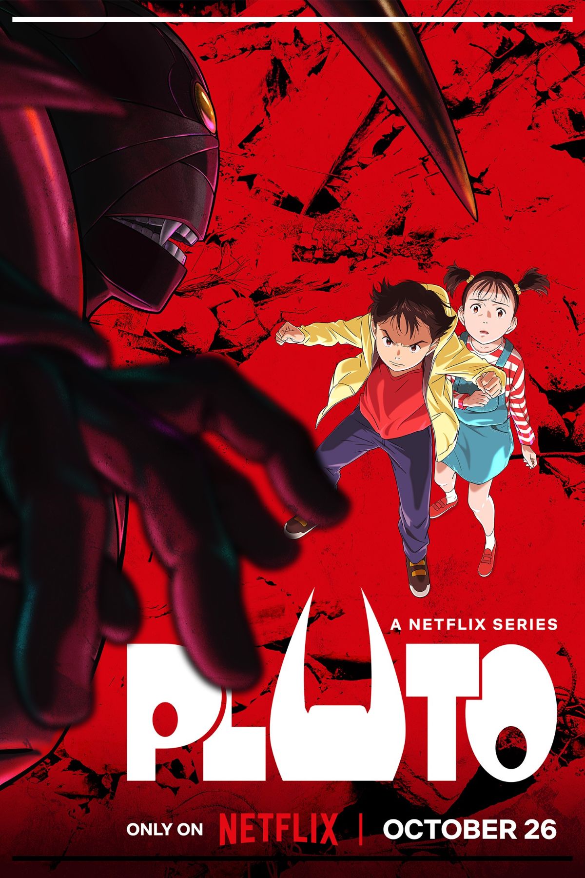 Pôster promocional do anime Pluto da Netflix em tons fortes de vermelho e preto. Em primeiro plano à esquerda, a silhueta escura e ameaçadora do robô Pluto com chifres longos e um olho brilhante. Ao fundo, o menino robô Atom (Astro Boy) de capa amarela protege sua irmã Uran, ambos com expressões de medo diante da ameaça. O título PLUTO aparece em branco na parte inferior.