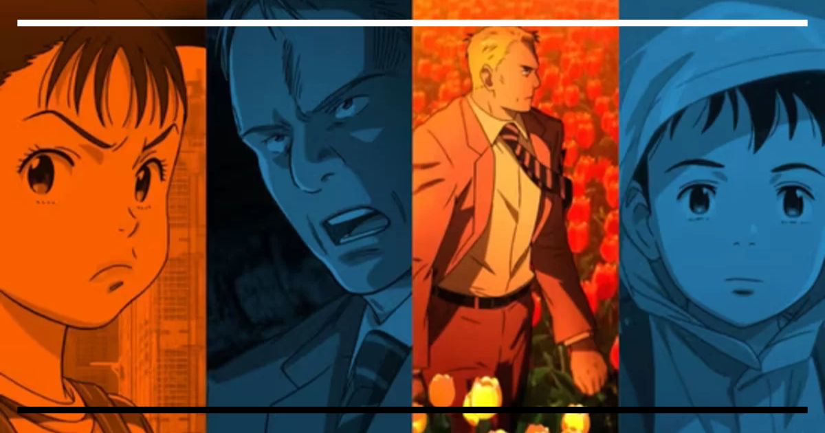 Colagem artística dividida em quatro faixas verticais com personagens do anime Pluto. Da esquerda para a direita: a menina robô Uran em filtro laranja; o detetive Gesicht com expressão séria em azul escuro; o pacifista Epsilon de terno caminhando em um campo de flores em tom vermelho; e o menino robô Atom (Astro Boy) usando capa de chuva em azul claro.