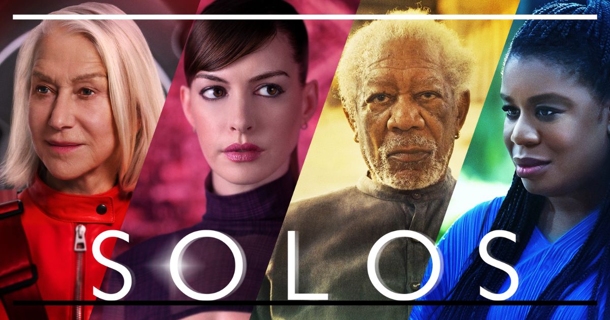 Cartaz oficial da série Solos do Prime Video, dividido em quatro faixas verticais coloridas. Da esquerda para a direita: Helen Mirren em traje espacial vermelho, Anne Hathaway em cenário roxo, Morgan Freeman em iluminação amarela e Uzo Aduba em luz azul. O título SOLOS aparece em branco na parte inferior.