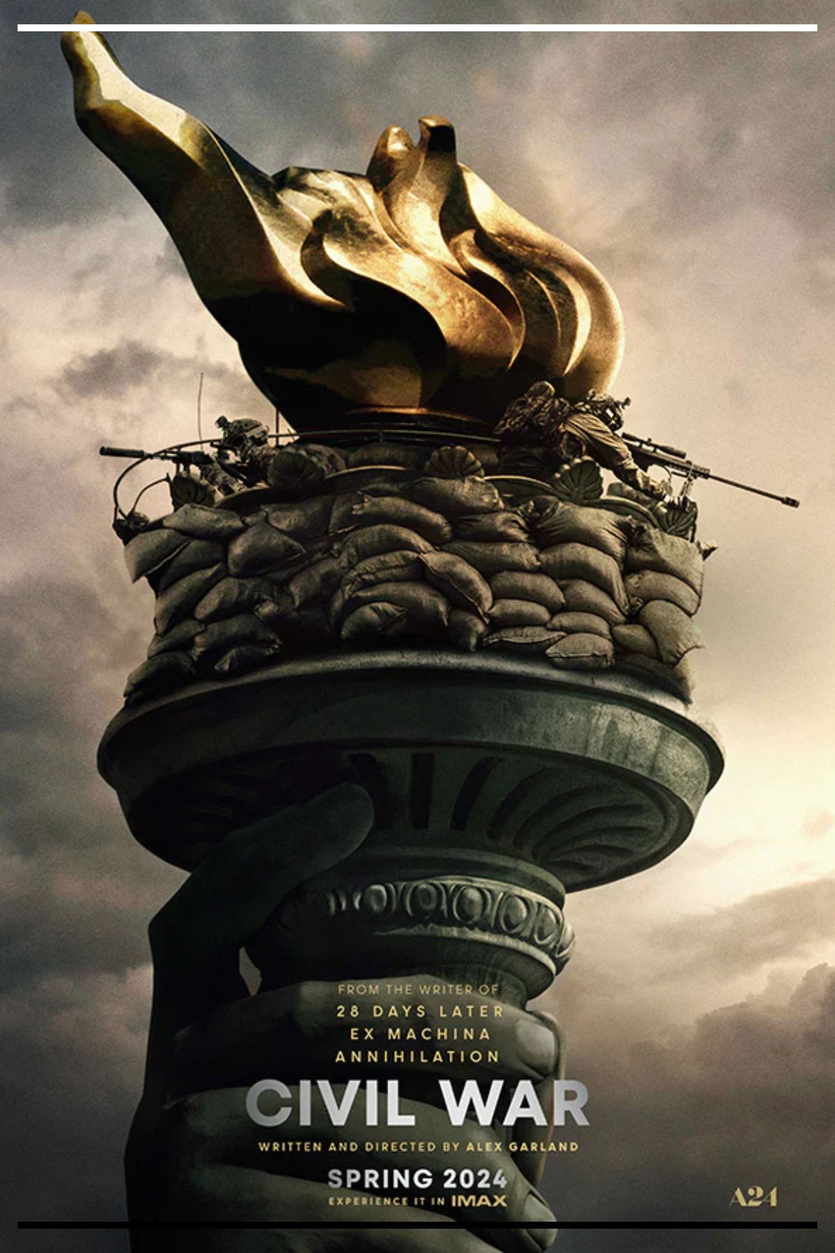 Pôster do filme “Guerra Civil (Civil War)”: a tocha da Estátua da Liberdade aparece transformada em posição militarizada, com sacos de areia e atiradores, sob céu nublado.