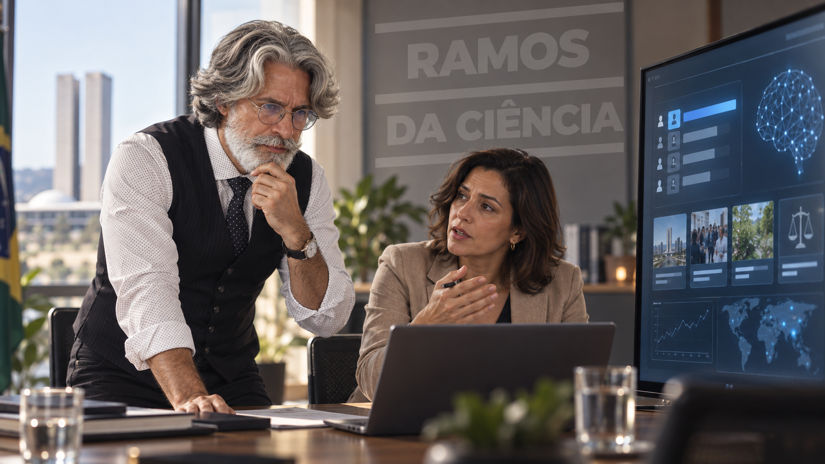 Homem e mulher em ambiente profissional analisando um painel de IA com fluxos de decisão e organização de processos.