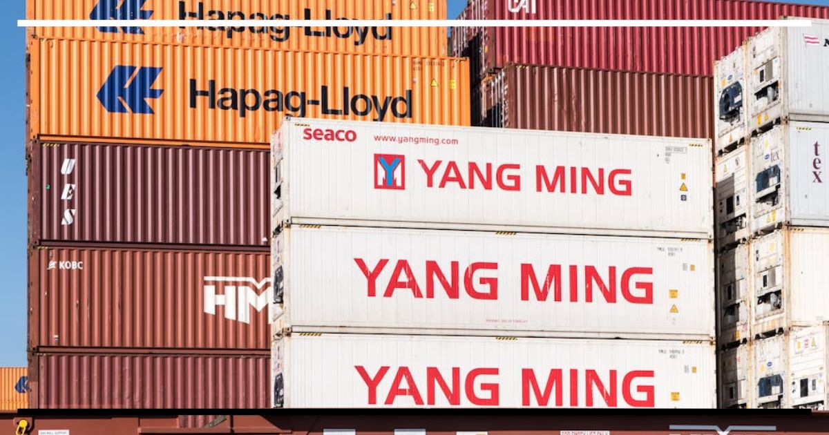 Contêineres marítimos empilhados em terminal portuário, com inscrições de companhias de navegação, ilustrando logística e controle na importação.