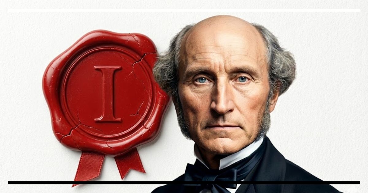 Retrato de John Stuart Mill ao lado de um selo vermelho com o número 1.