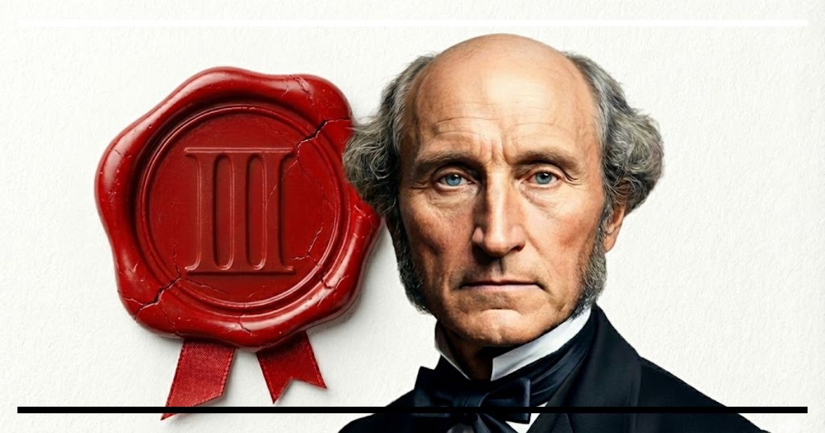 Retrato de John Stuart Mill ao lado de um selo vermelho com o número 3.