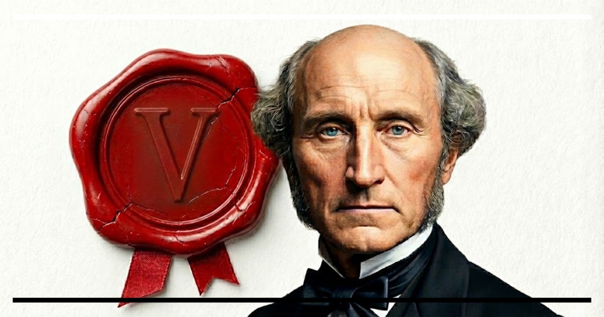 Retrato de John Stuart Mill ao lado de um selo vermelho com o número 5.