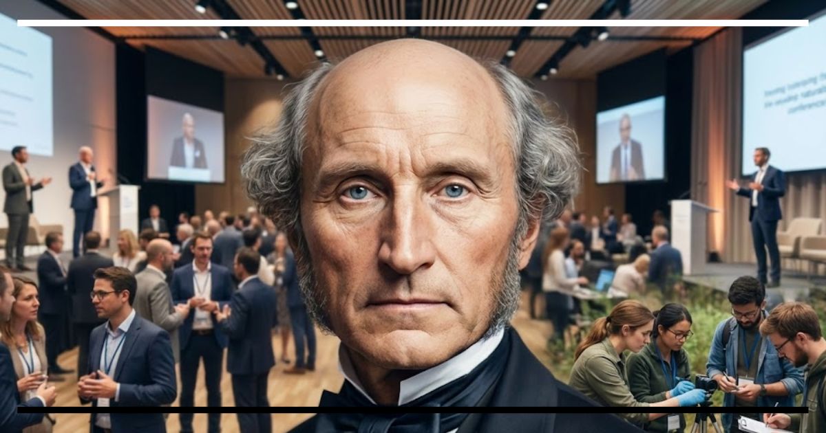 Retrato de John Stuart Mill em primeiro plano, com conferência científica moderna e pesquisadores ao fundo.
