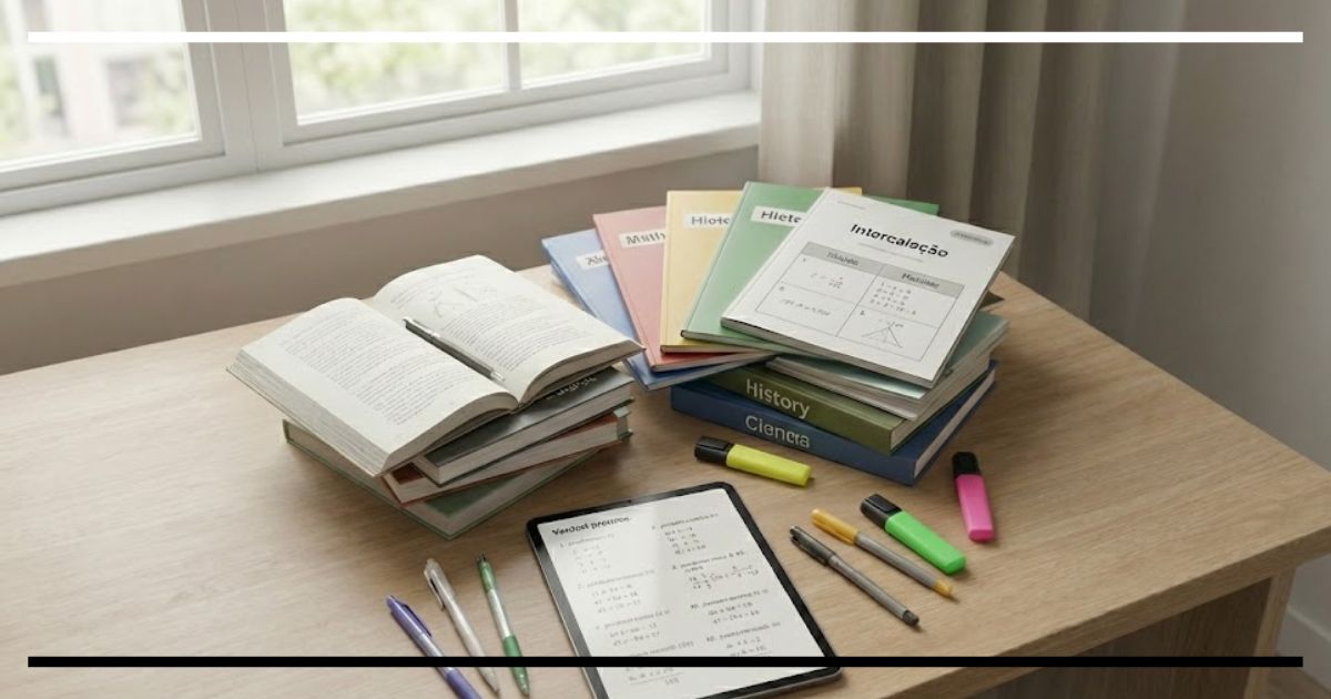 Pilha de livros e cadernos de diferentes disciplinas (História, Ciência, Matemática) misturados sobre a mesa com tablet e marcadores coloridos, representando a técnica de intercalação de estudos.