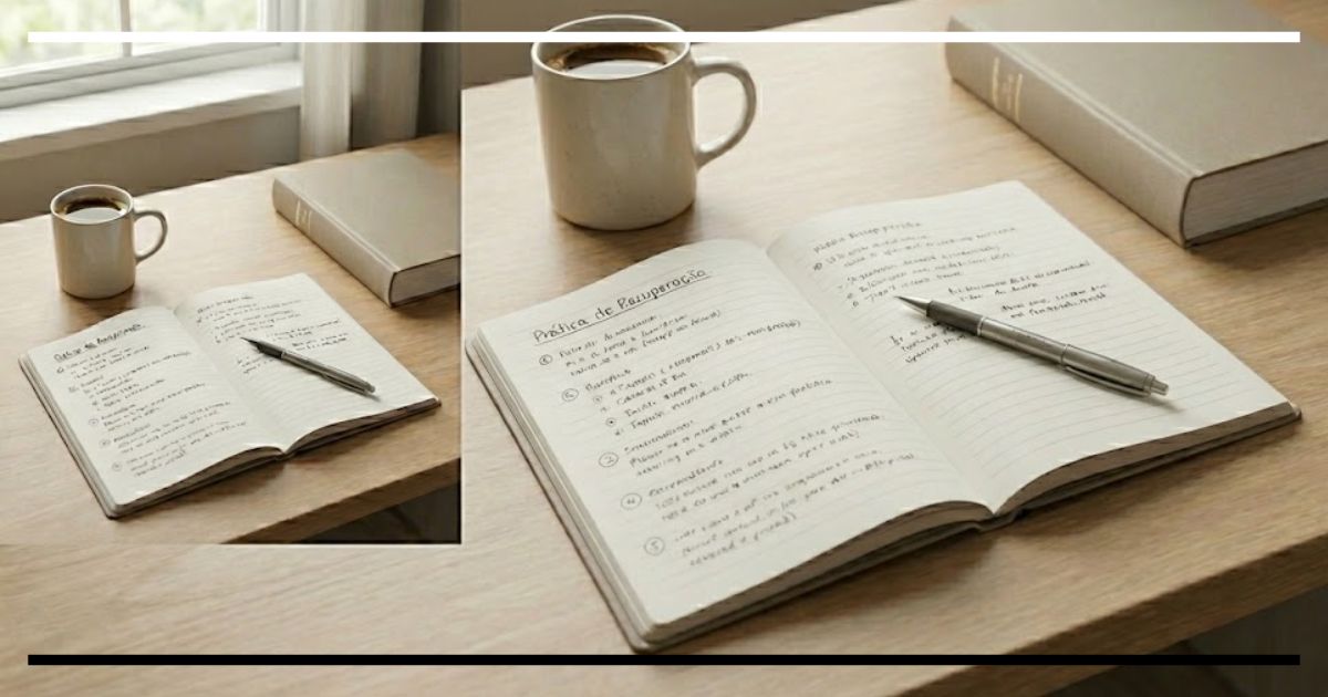 Caderno aberto sobre mesa de madeira com anotações manuscritas, ao lado de uma xícara de café e caneta, representando o esforço cognitivo da prática de recuperação.