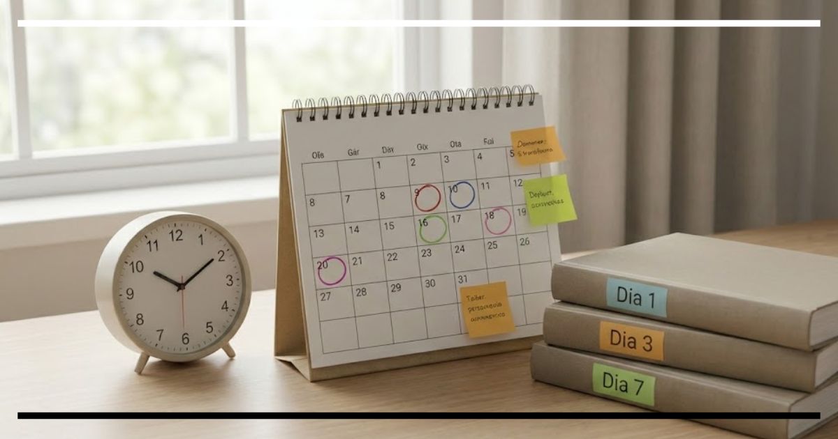 Calendário de mesa com datas marcadas e relógio, ao lado de livros etiquetados com "Dia 1", "Dia 3" e "Dia 7", ilustrando o agendamento de revisões espaçadas.