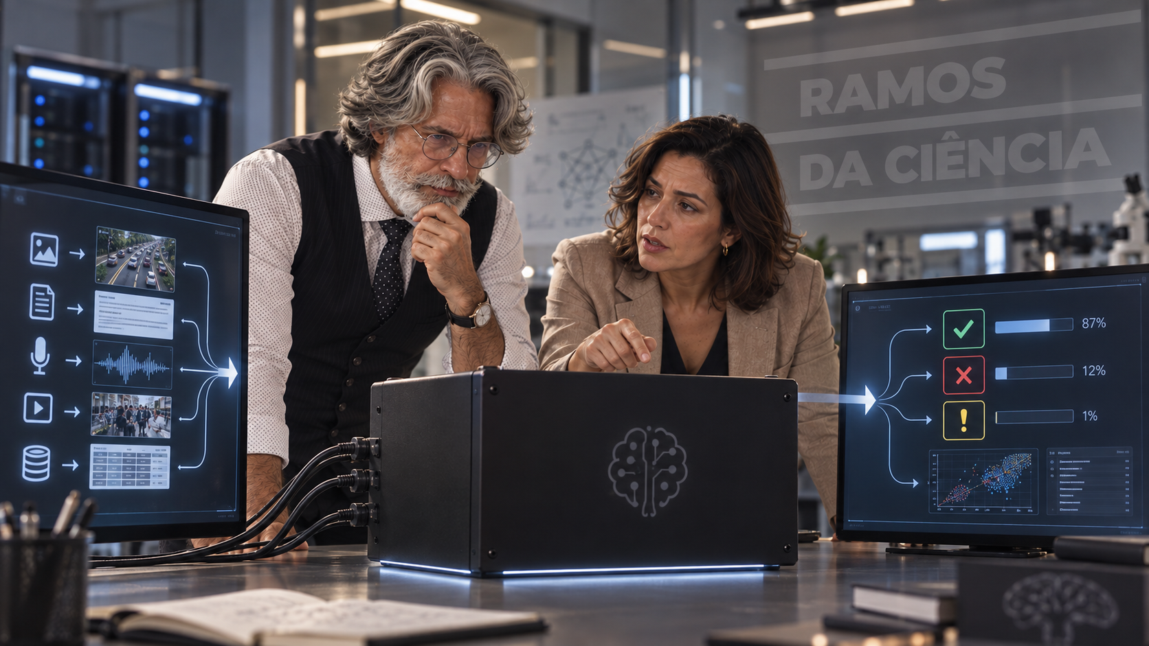 Homem e mulher observando uma caixa preta tecnológica ligada a telas com entradas e saídas de dados em um laboratório de IA.