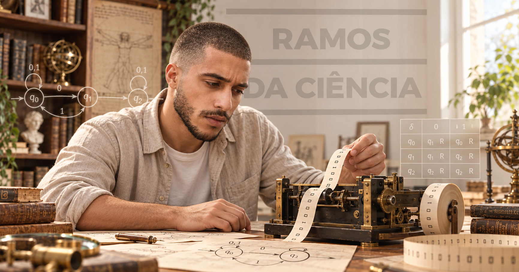 Homem examinando uma máquina mecânica com fita de símbolos, representando o modelo abstrato da máquina de Turing.