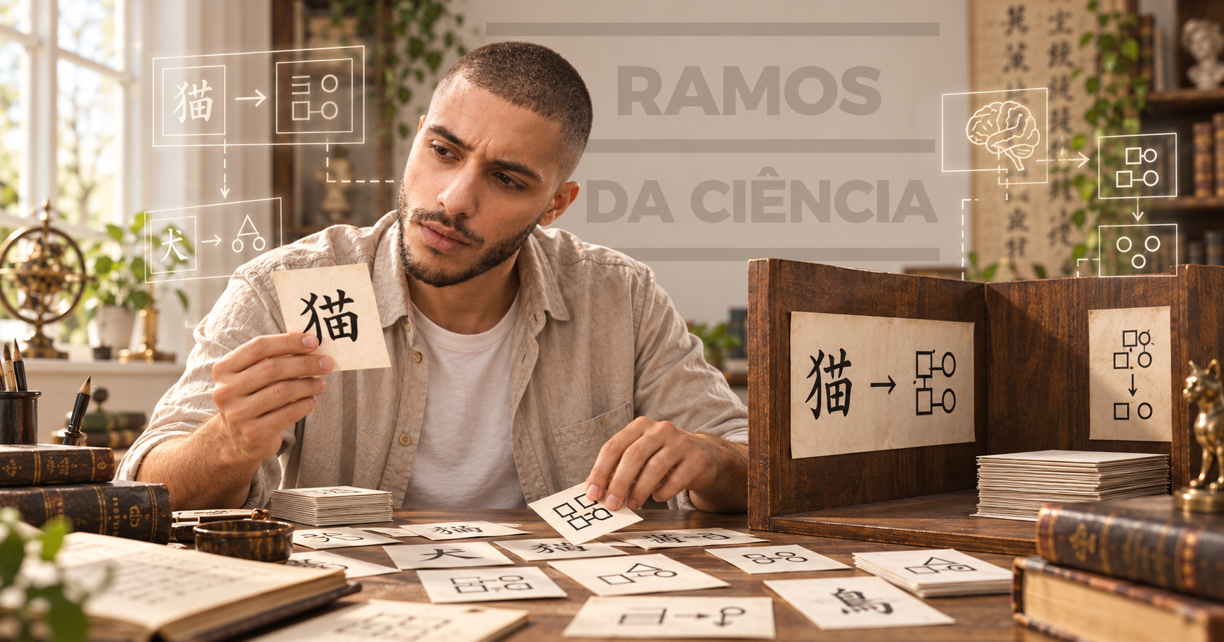 Homem analisando cartões com símbolos chineses diante de uma estrutura que representa o experimento mental do quarto chinês.
