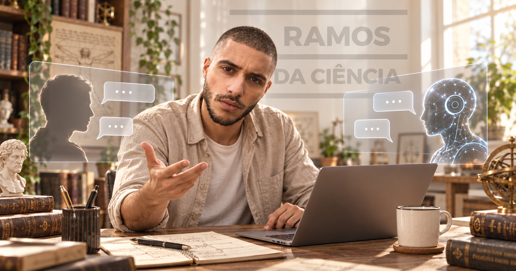 Homem olhando para o leitor diante de representações de uma conversa entre uma pessoa e um sistema artificial.