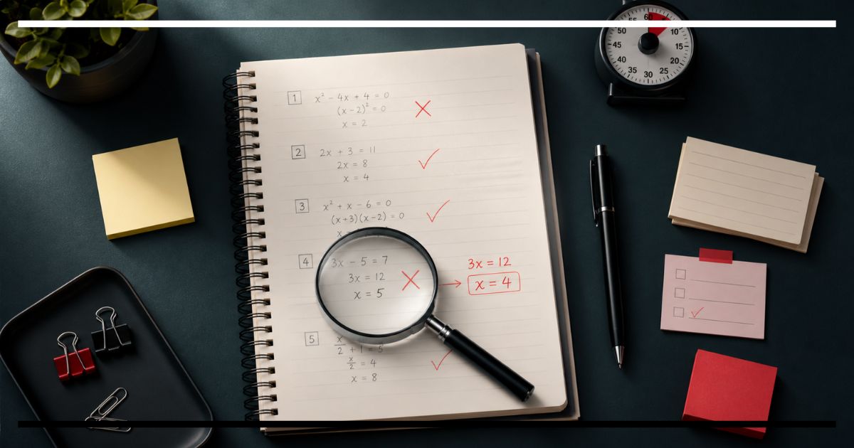 Caderno com exercícios corrigidos, marcações em vermelho e lupa destacando um erro em uma mesa de estudos.