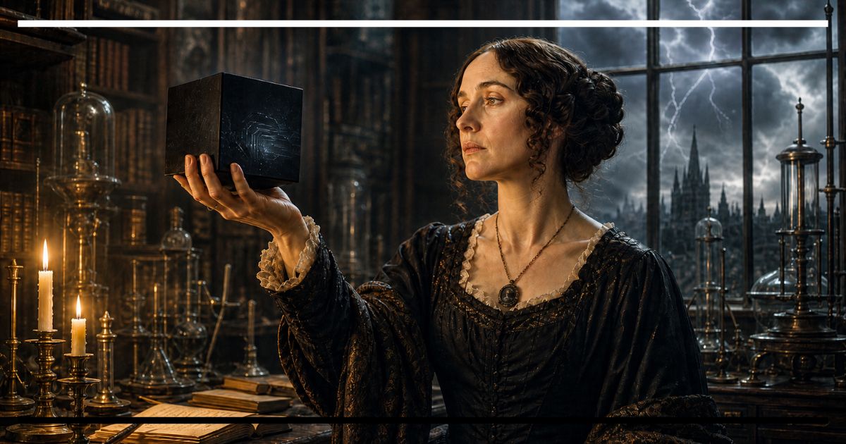 Mary Shelley segura uma caixa-preta em um laboratório gótico, em referência à imprevisibilidade da inteligência artificial e ao imaginário de Frankenstein.
