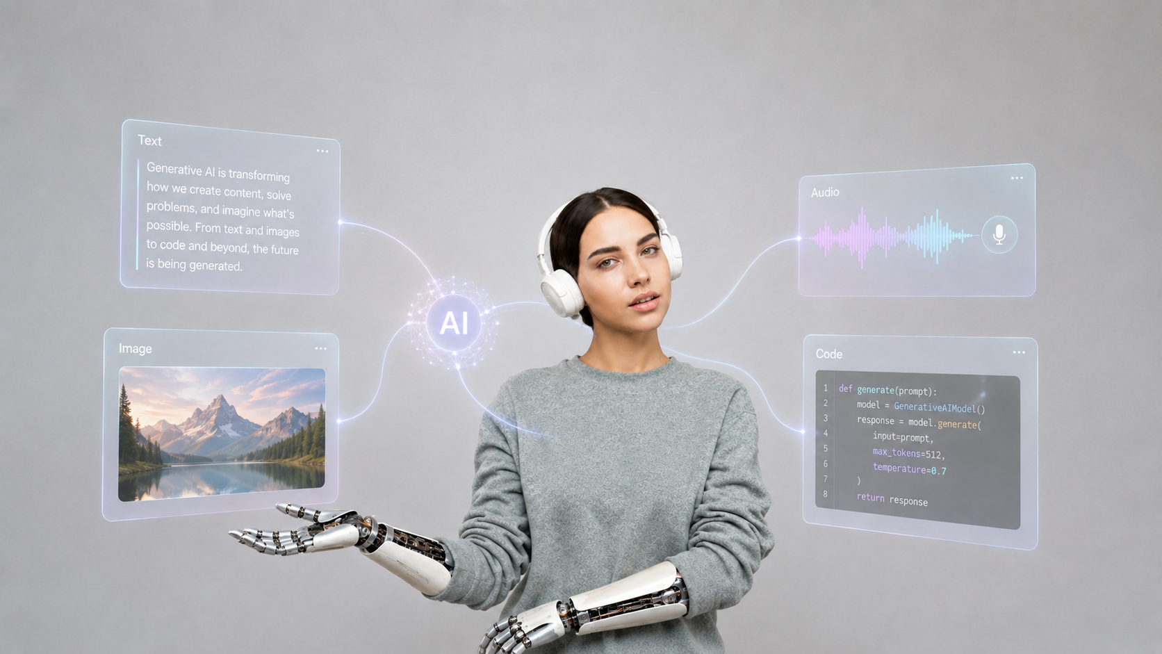 Mulher com braços robóticos apresenta interfaces de inteligência artificial gerando texto, imagem, áudio e código.