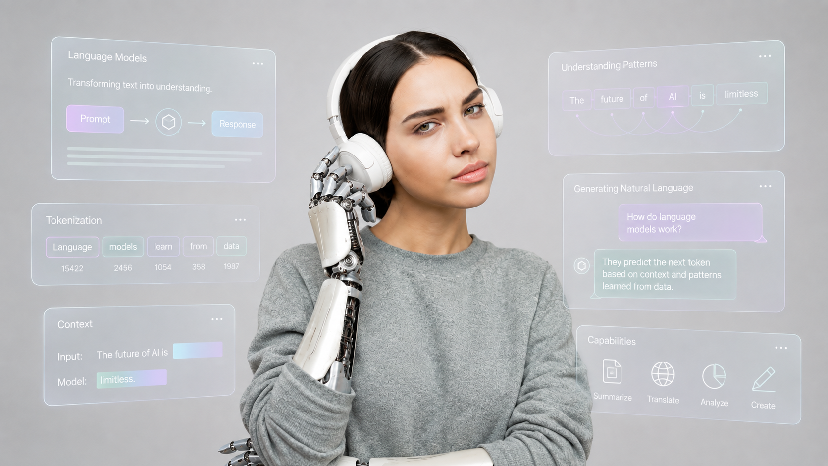 Mulher com fones e braço robótico cercada por interfaces que representam tokens, contexto, padrões de linguagem e geração de respostas.