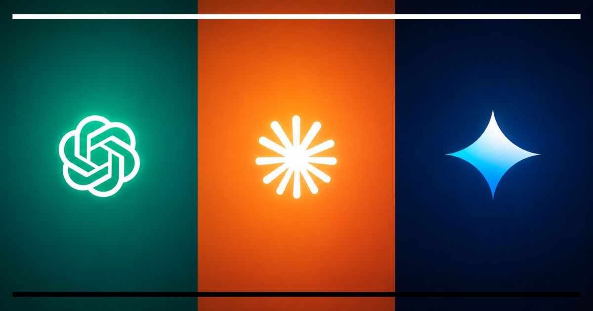 Logotipos dos três principais modelos de linguagem — ChatGPT, Claude e Gemini — sobre fundos coloridos, representando os sistemas de IA generativa mais usados atualmente.