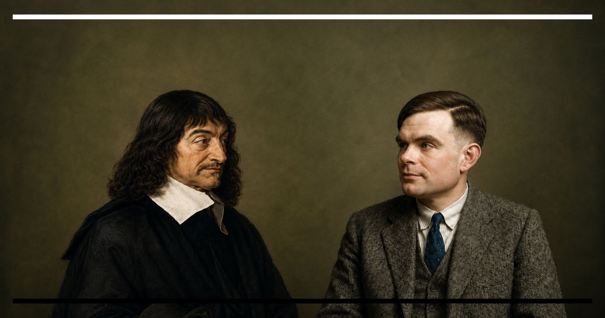 René Descartes e Alan Turing lado a lado — composição visual reunindo o filósofo do século XVII e o matemático do século XX.