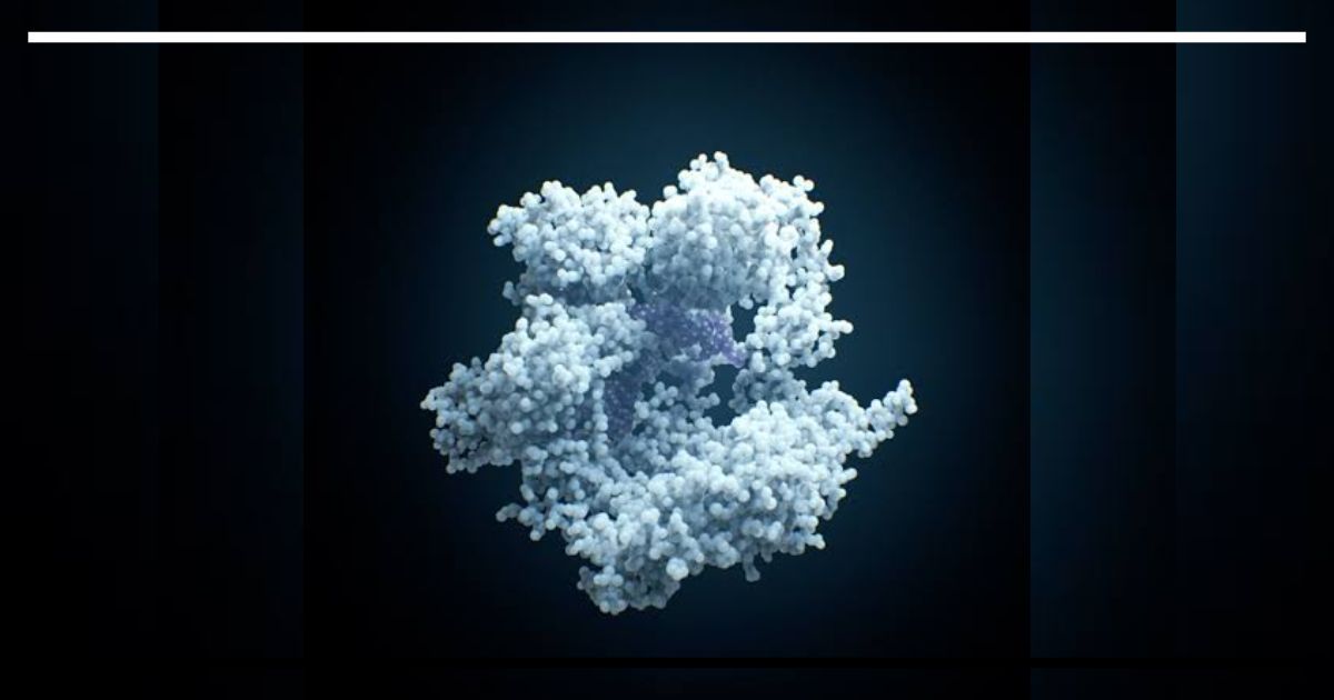 Modelo tridimensional da proteína Cas9 do sistema CRISPR, renderizado em tons azulados sobre fundo escuro, com estrutura molecular esférica visível.